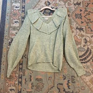 mint green chunky knit sweater ruffle detail